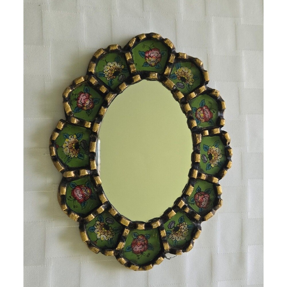 Peruvian Oval mini Mirror Decorative Wood base Vintage Vibes Floral